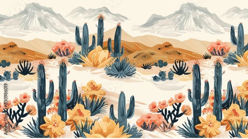 Seamless vector pattern featuring cacti and cowboy elements.