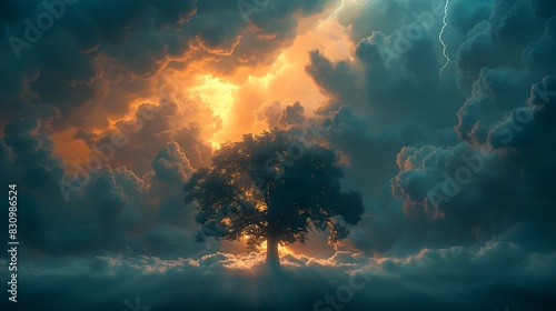 Minimalist Solitude A Lone Tree Basks in a Dramatic Stormy French Sky Sunlight Piercing Through