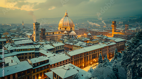 A photo featuring the snowy streets of Florence, viewed from above. Highlighting the iconic Duomo and Renaissance architecture dusted with snow, while surrounded by the picturesque beauty of the Tusca