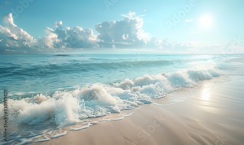 A tranquil beach scene showcases gentle waves lapping against a wide, sandy shore. The expansive beach and clear horizon create an ideal backdrop for placing text in a serene, natural setting.