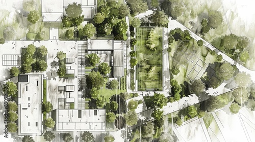 Aerial view of an architectural site plan illustrating buildings and greenery, showcasing urban design and landscape architecture.