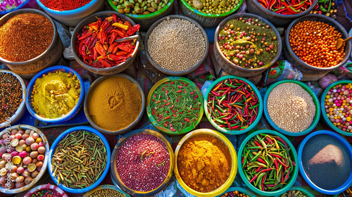 The colorful decoration of spices on the stall offers a feast for the senses at the market. The intense colors of turmeric, red pepper and mint green resound in harmony.
