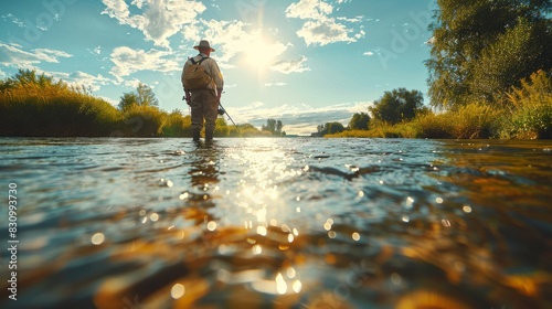 A peaceful scene of a fisherman casting a line in shallow river waters with strong sunlight and clear blue sky
