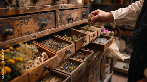 A pharmacy worker in traditional costume carefully selects herbs from many wooden drawers, each full of nature's riches.