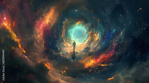 A man standing in the center of an abyss, with colorful nebula and stars around him, fantasy art style, dark colors, anime