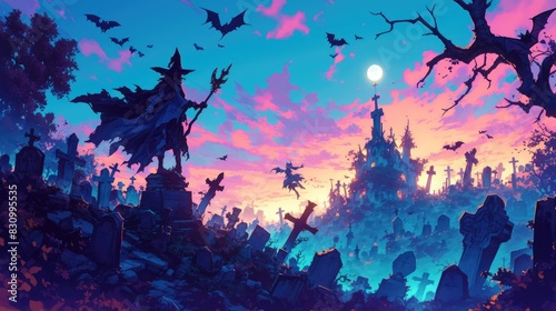 On a spooky Halloween night the eerie illustration depicts a cemetery coming to life with ghosts vampires and werewolves rising from their graves Against a backdrop of ominous headstones an