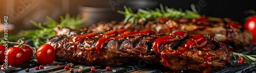 Delicious grilled beef steak with roasted tomatoes and fresh rosemary on a dark background, perfect for a gourmet food concept.