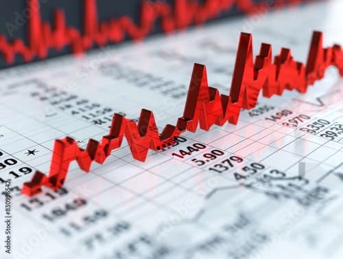 Close-up of a financial chart with red stock market indicators showing fluctuating data and trends on a graph.