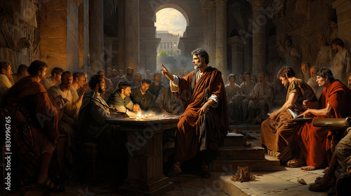 A historically inspired digital painting of an ancient philosopher lecturing to a group in a sunlit hall