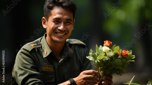 A smiling soldier in uniform holds a bouquet of roses, symbolizing peace and love