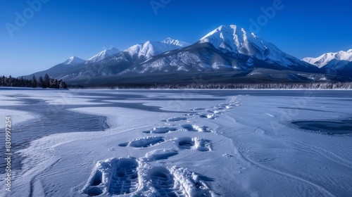 A snowy mountain range with a lake in the foreground