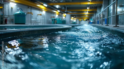 An indoor wastewater treatment facility with illuminated pools, a sense of cleanliness and technology