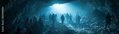 Silhouettes of people walking through a dark ice cave.