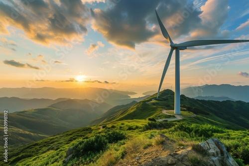 Landscape with a wind turbine. A source of alternative energy. Wind energy conversion. A renewable natural resource. Eco-friendly energy. Source of electricity
