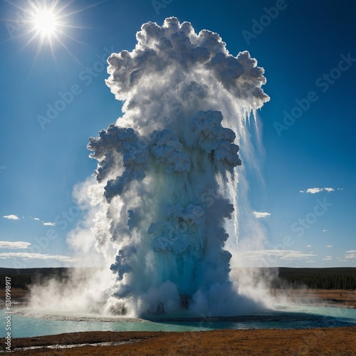 A mesmerizing view of a geyser erupting against a backdrop of clear blue skies.