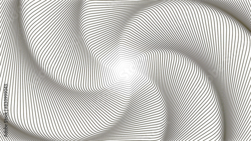 Spinning spiral with distorted waves of narrow lines. Design. Optical illusion with light glitch effect.