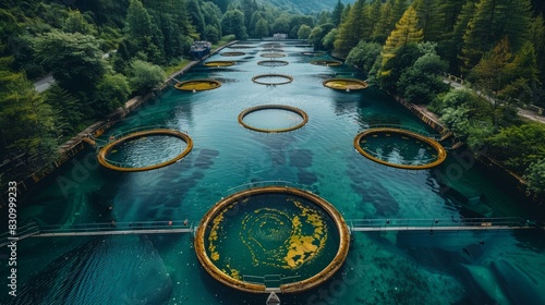 Image shows several circular fish farming structures in a lush green forest area, highlighting sustainable aquaculture practices