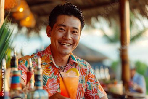 Portrait of handsome barman smiling, standing at beach bar and macking cocktail