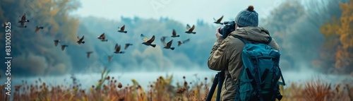 A wildlife photographer using a pantilt tripod head to track birds in flight across a clear sky, with dense forest in the background