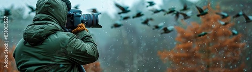 A wildlife photographer using a pantilt tripod head to track birds in flight across a clear sky, with dense forest in the background