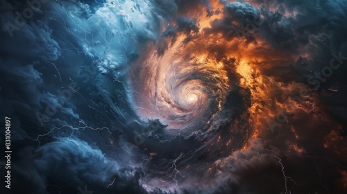 A swirling storm of clouds with a bright orange and blue center