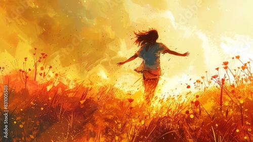Illustrate joyous freedom in a digital artwork. Depict a person running through a field with open arms, using clean lines and a soft, gradient background. Use pastel colors to emphasize the lightness