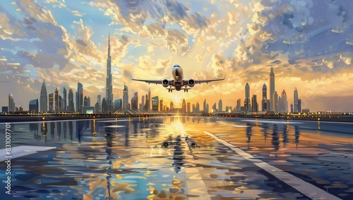 a image of a painting of a plane taking off from an airport