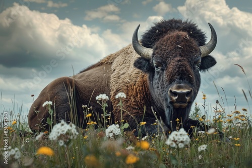 Bison Relaxing in Wildflower Field