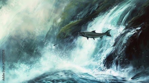The iconic sight of a salmon leaping over a waterfall, overcoming obstacles with determination