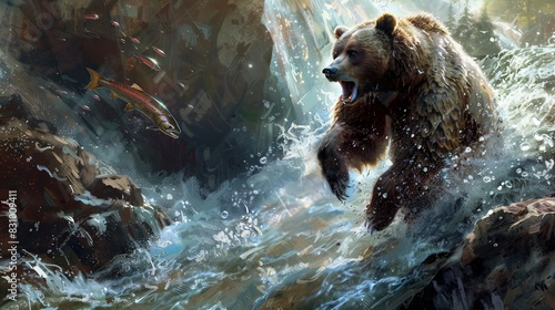 The instinctive prowess of a bear catching a salmon from a river teeming with fish