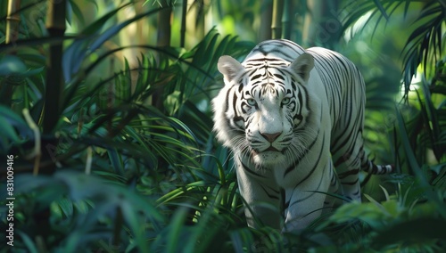 a image of a white tiger walking through a lush green forest