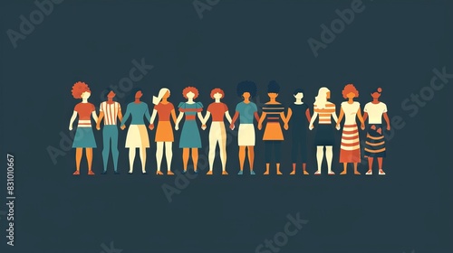 An illustration in 2D flat style of unity in diversity, featuring characters from different cultural backgrounds joining hands in a symbolic gesture of solidarity. The minimalist design emphasizes