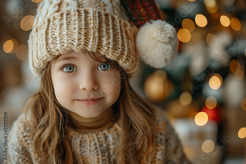 Latina little girl happily sitting wearing a knitted hat with pom poms