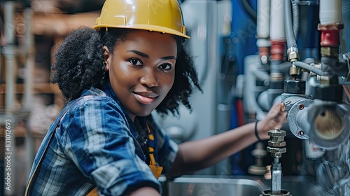 A woman wearing a hard hat is diligently working on a machine, focused and engaged in the task at hand. She is using tools to adjust and maintain the equipment, ensuring it functions correctly