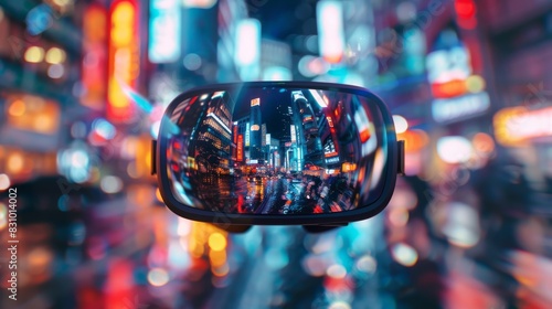 A virtual reality headset is shown in a cityscape with neon lights and buildings