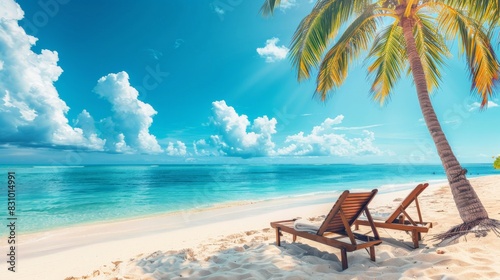 A beautiful tropical beach with palm trees, white sand and two sun loungers on a background of turquoise ocean and blue sky with clouds. 