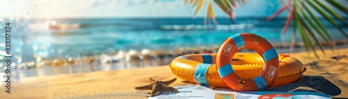 Colorful lifebuoy on the beach with palm tree and ocean in background