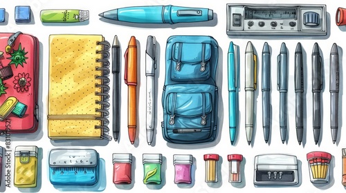 Create an illustration of creative stationery. Illustrate items like colorful pens, notebooks, and sticky notes arranged in an orderly fashion. Use a simple, clean style with a bright color palette