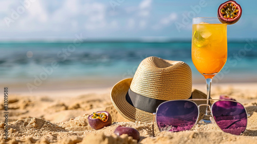 A peaceful beach scene showcasing a straw hat, a passionfruit cocktail, and stylish aviator sunglasses on the sand