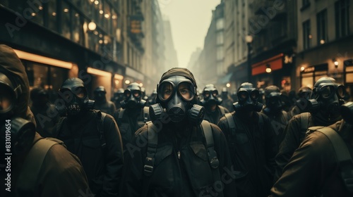 In a hazy, dystopian cityscape, riot police with obscured faces stand ready, conveying a sense of unrest