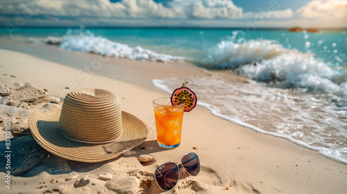 A sandy beach with a straw hat, a passionfruit cocktail, and polarized sunglasses, waves gently lapping nearby