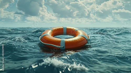 Orange lifebuoy floating in open sea, emblematic of safety and hope under the vast sky