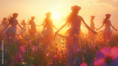 Enchanting Sunset Dance in Flower Meadow with Group of Women in Floral Crowns. Summer Solstice Holiday. Generative ai