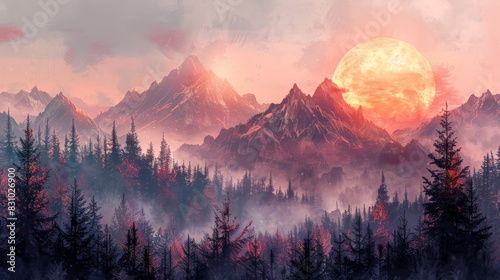 A digital artwork depicting a cozy mountain landscape during golden hour. The warm tones of the setting sun cast a serene glow over the tranquil environment, creating an inviting and peaceful scene.