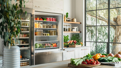 Chic, contemporary kitchen with an open fridge displaying an array of fresh produce and healthy snacks