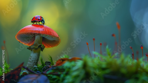 A ladybug sits on top of a red mushroom. The mushroom is surrounded by fallen leaves, creating a natural and peaceful scene