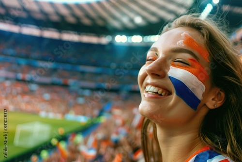 Dutch soccer fan woman with national flag of netherland painted on her face. Celebrating crowd in a stadium. Cheering during a match in stadium