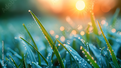 Close-up of morning dew on grass blades, with tiny water droplets glistening in the early sunlight, symbolizing freshness and renewal