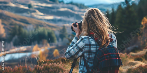 A woman taking nature photos: A picture of a woman taking nature photos or landscapes.
