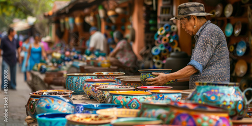 a traditional pottery market with colorful ceramics and artisans